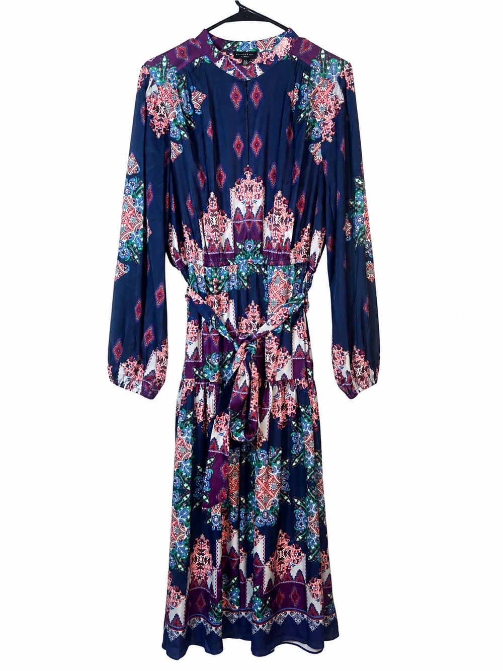 Current Air Boho Dress Navy Floral Long Sleeve Belted Size L